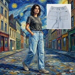 OBEY Womens 26 Leah III Baggy Double Knee Jeans Cirrus Light Wash Elastic Waist